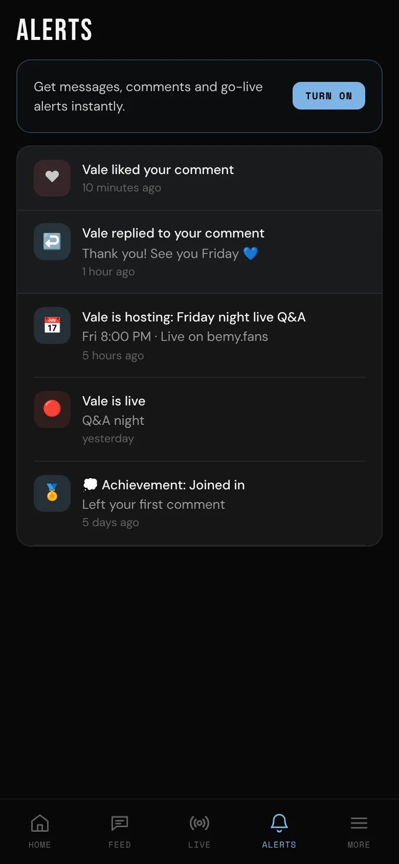 The Alerts page with recent notifications