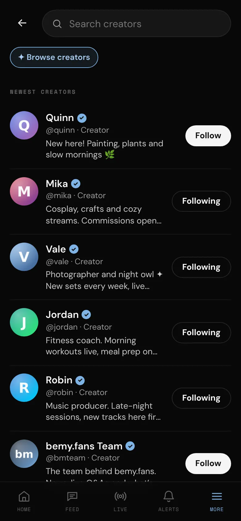 Browse creators in Search, newest first