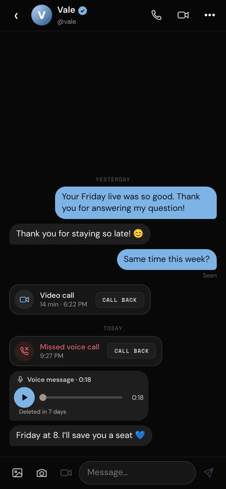 Calls and a voice message in a chat
