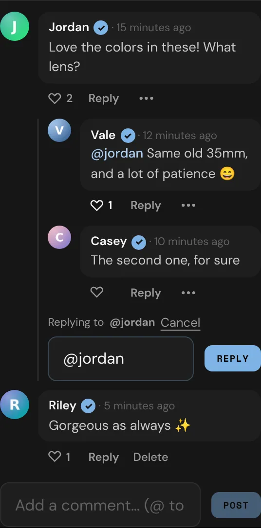 A comment thread on a creator's post, with a reply being written