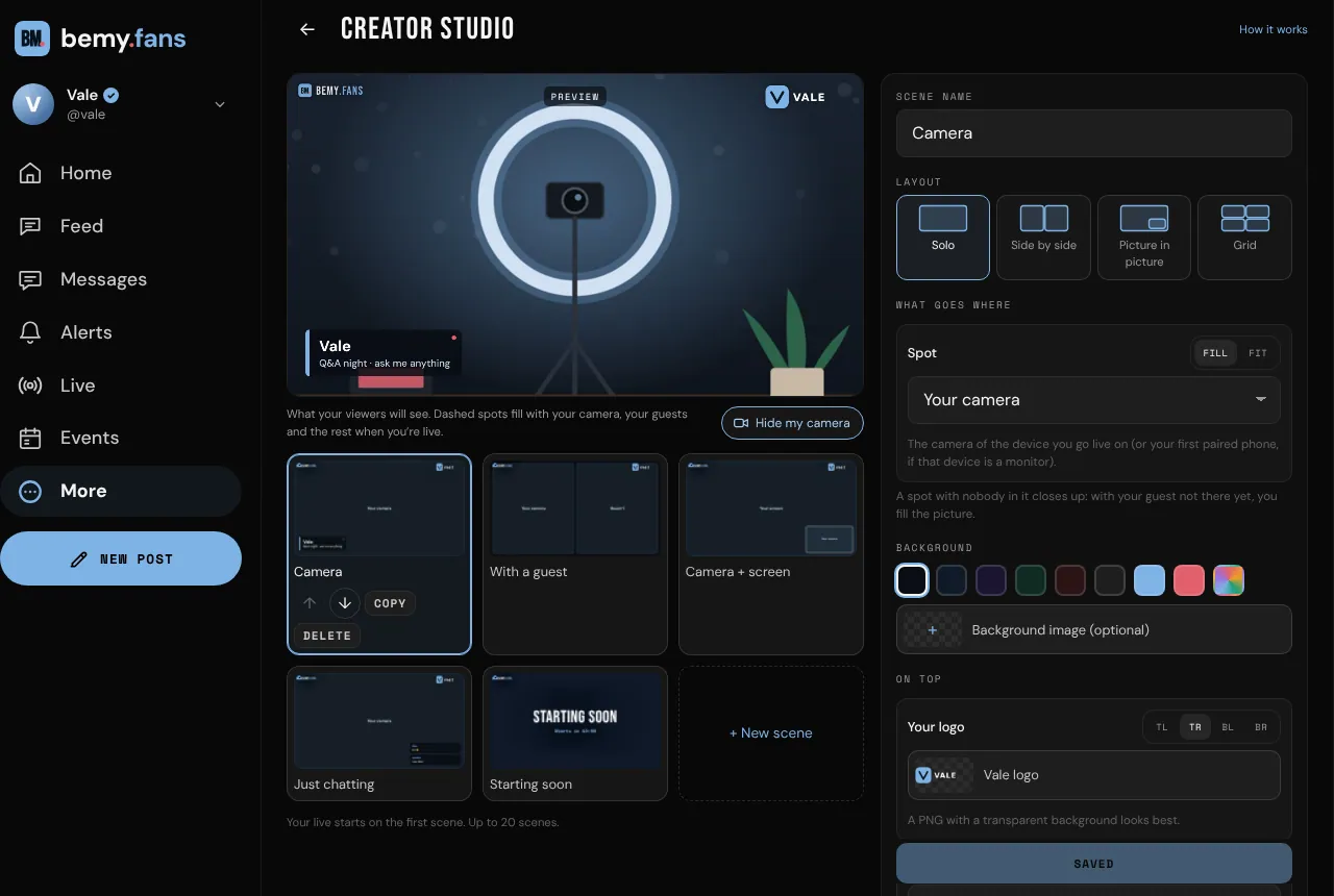 Setting up a scene in the Creator Studio