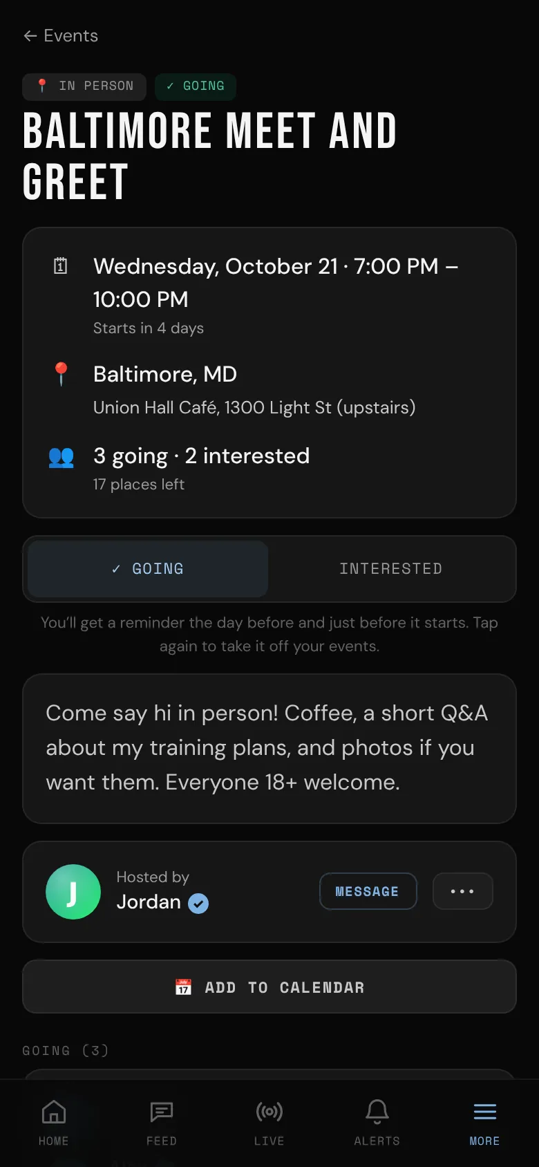 An event page after saying you're going