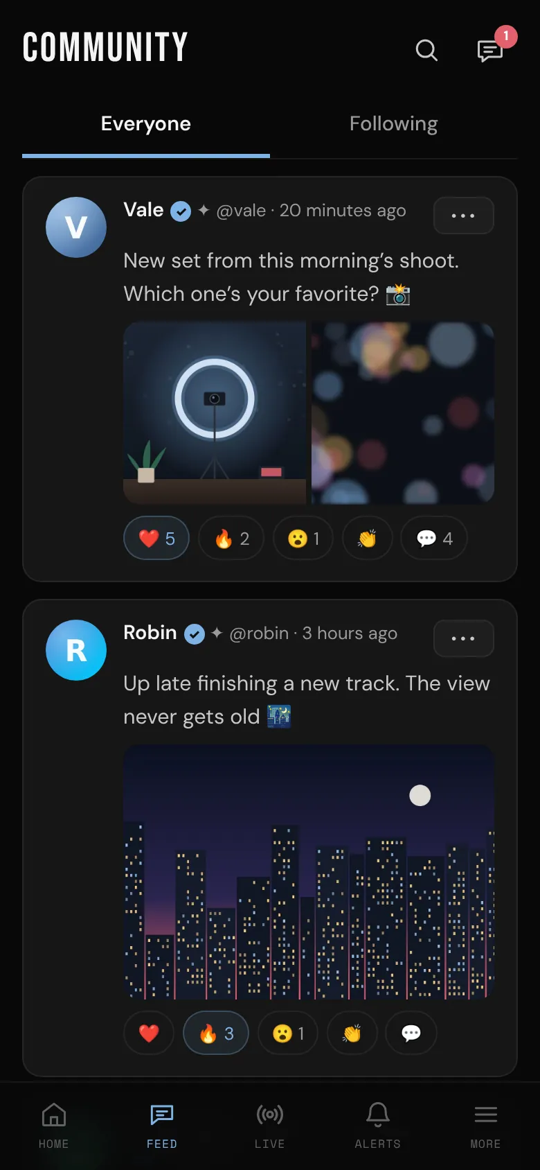 The Community feed on a phone, with posts from creators