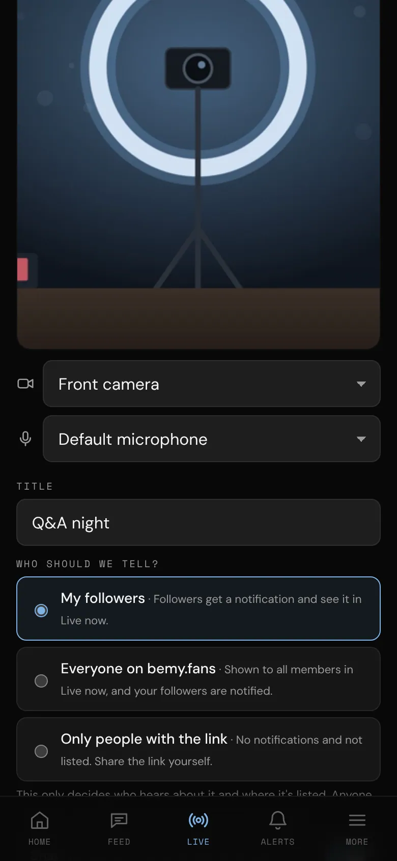 The Go live screen with a camera preview, a title and who to tell