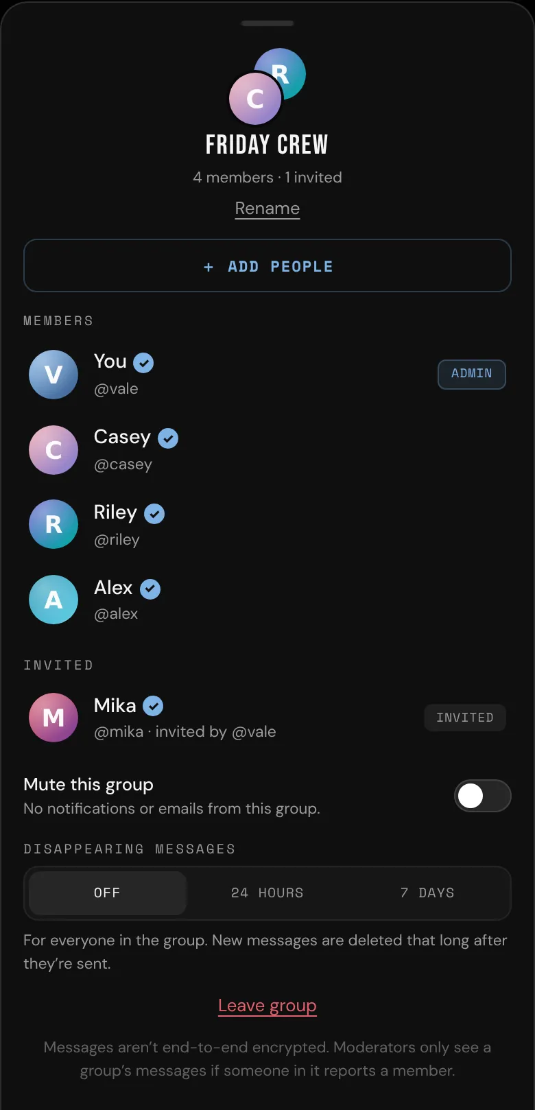 Group info, with Vale as admin