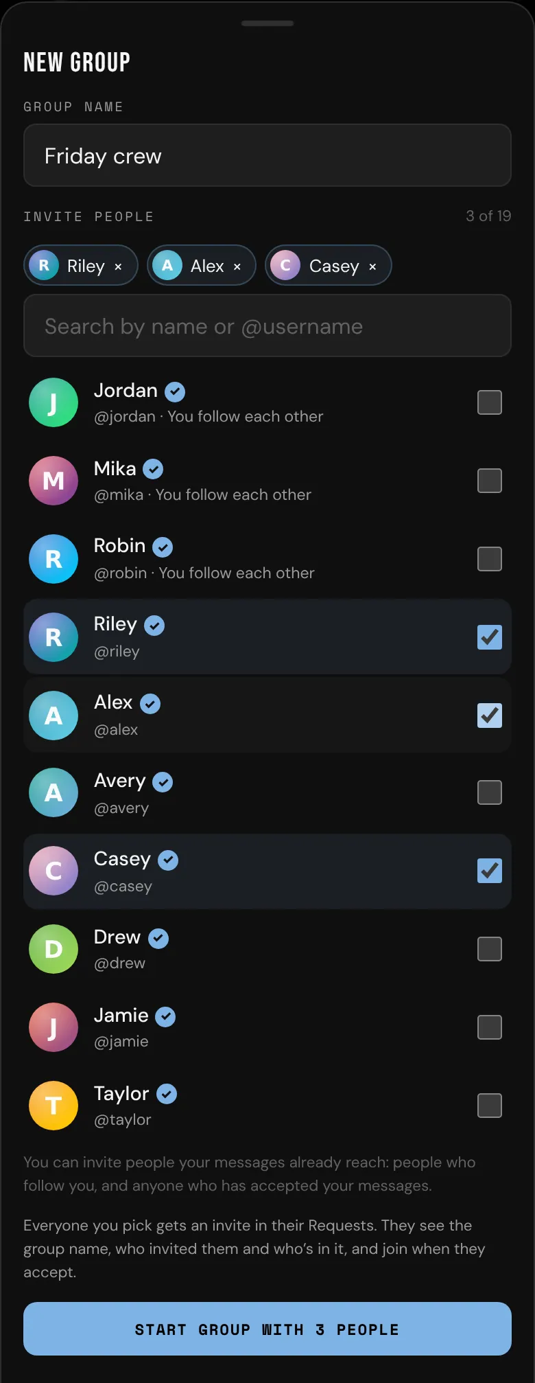 Vale starting a group and picking who to invite