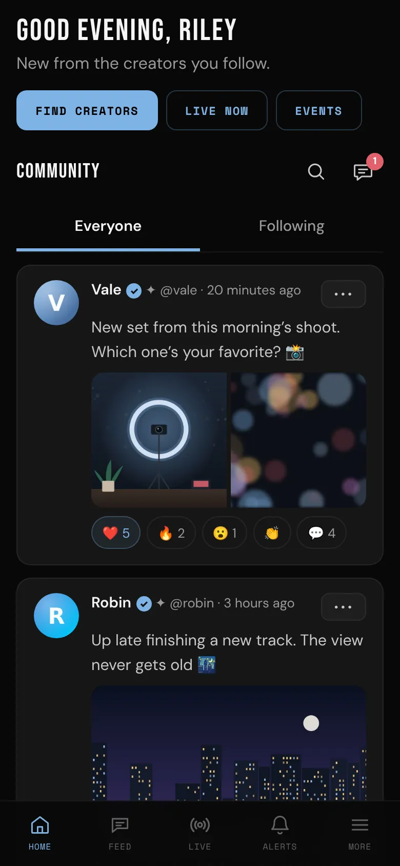 Riley's Home, with Find creators at the top
