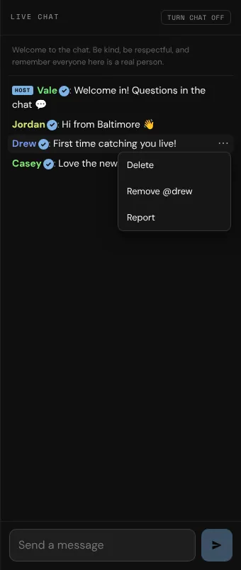 The message options a host sees in the live chat
