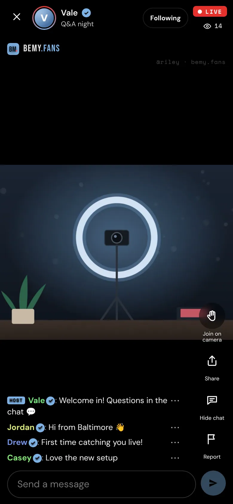 Watching a live on a phone, with the chat over the video