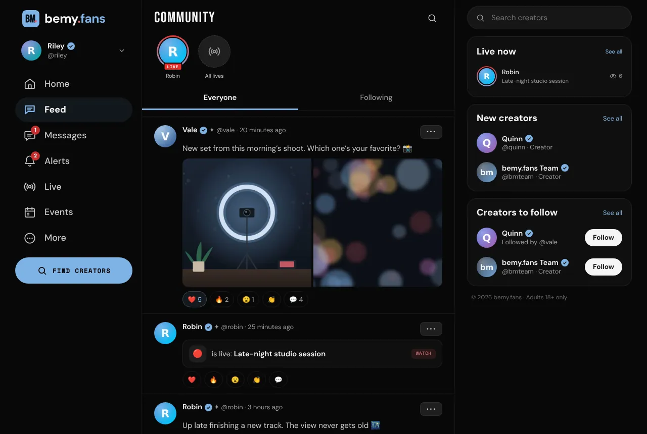bemy.fans on a computer: the side menu, the feed and the right-hand column