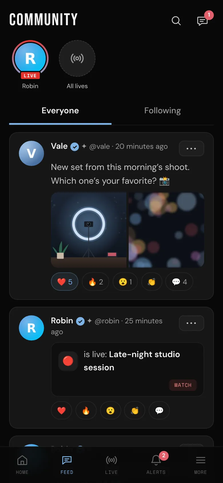 The Feed on a phone, with Search and Messages at the top and the tabs at the bottom