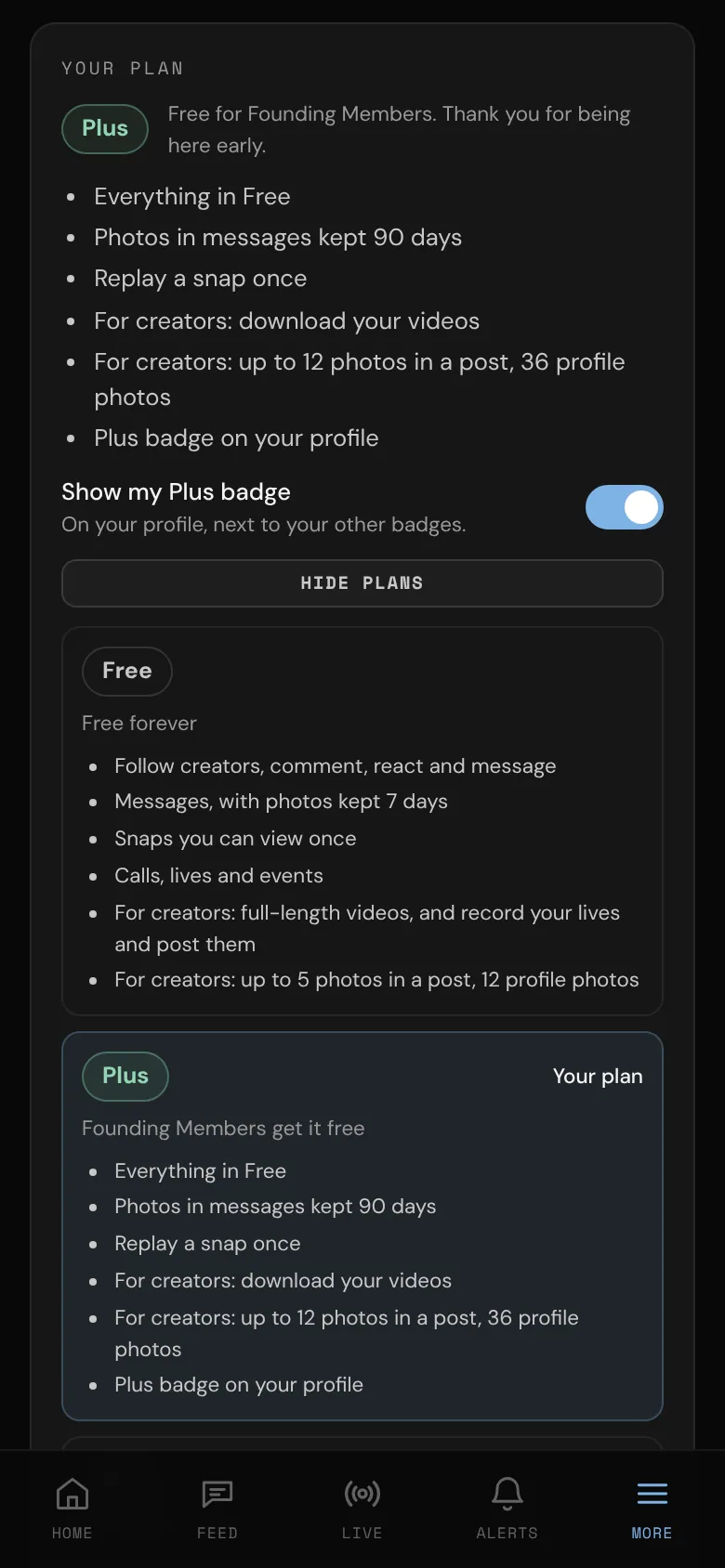 Your plan in Settings, with Compare plans open