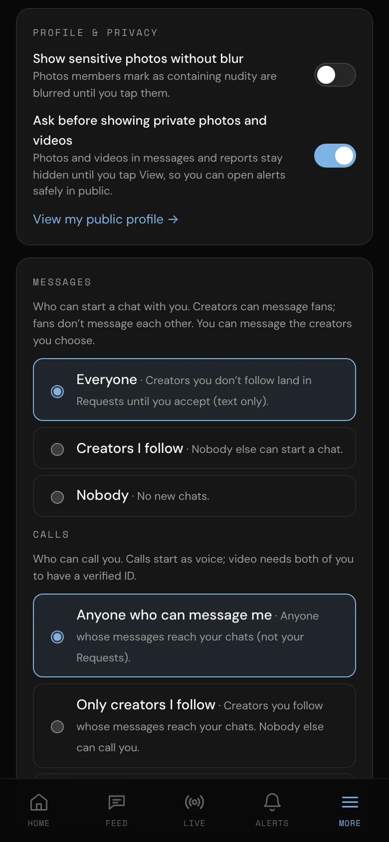 Profile & privacy settings