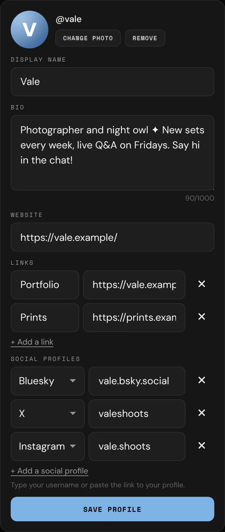 The profile form at the top of Settings