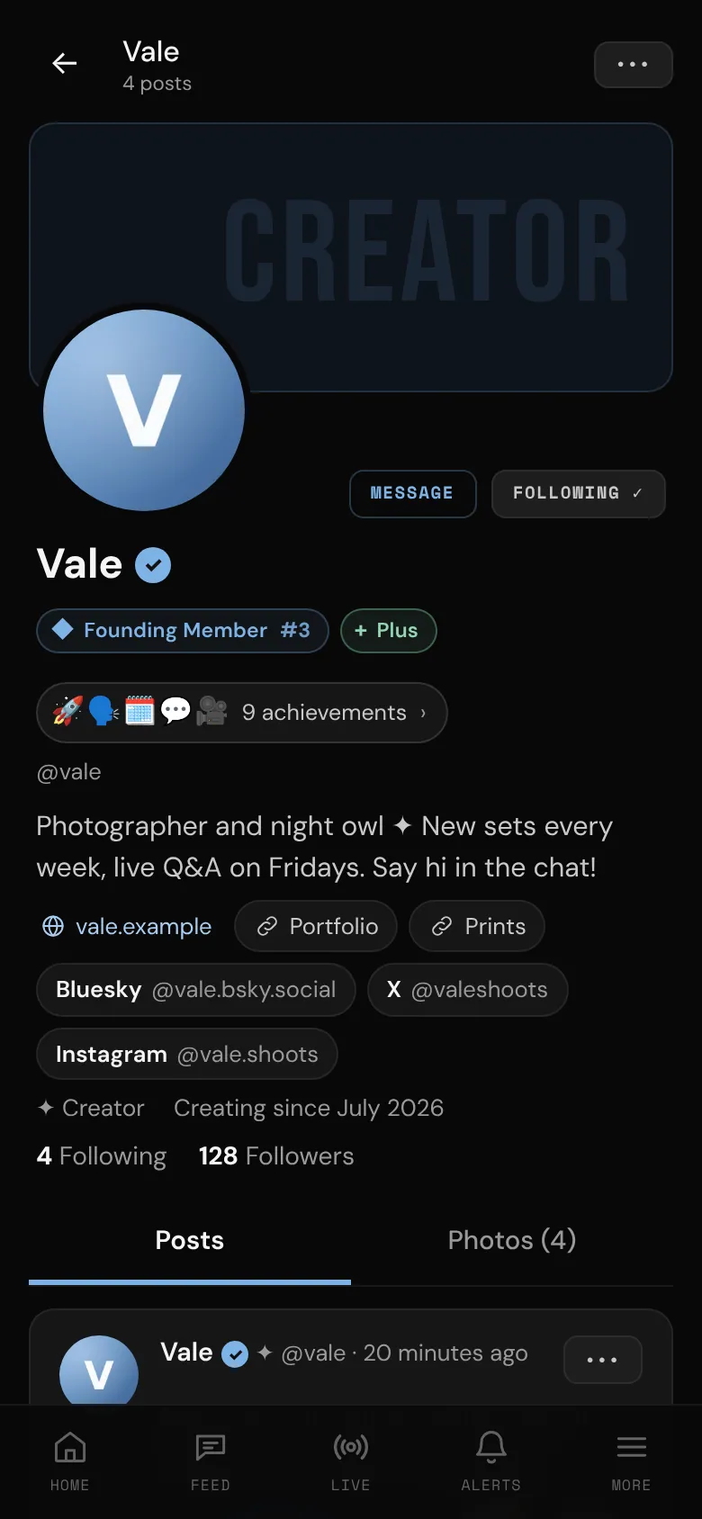 A creator's profile, as a fan sees it
