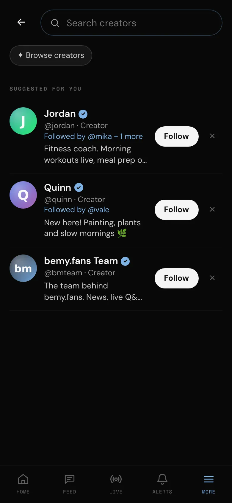 Suggested creators on the search page
