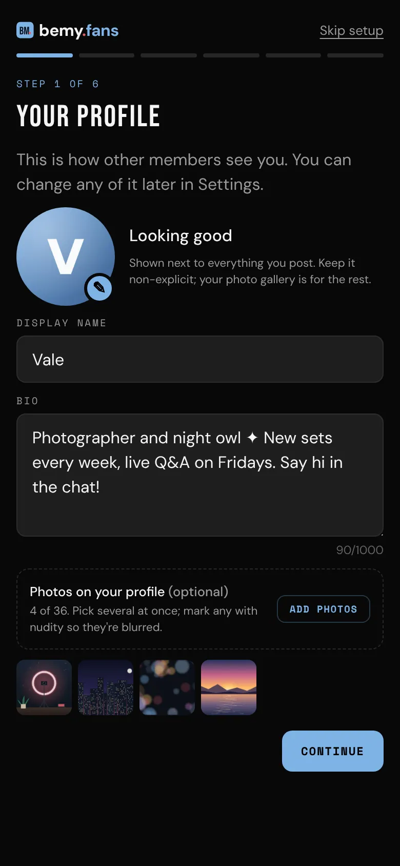 Step 1 of the setup guide: your profile