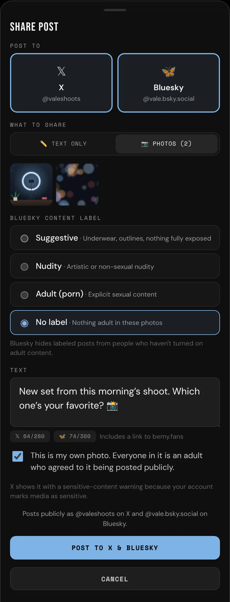 Sharing a post with photos to X and Bluesky