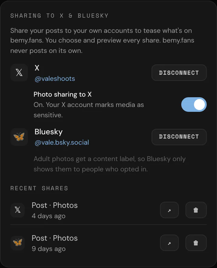 Sharing settings with X and Bluesky connected