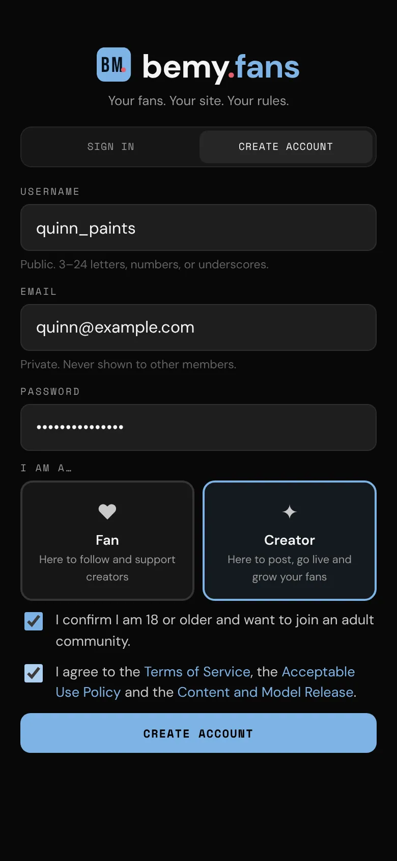 The Create account form