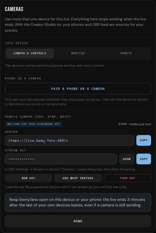 A stream key in Cameras, waiting for the stream to start
