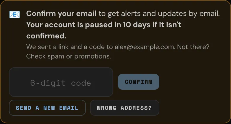The Confirm your email banner with the code field open